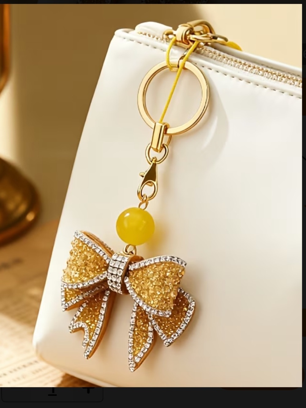 Gold Crystal Bow Keychain bag charm Charm faux leather with Yellow Bead